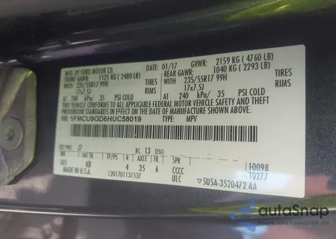 2017 Ford Escape Se from USA, damaged, VIN 1FMCU9GD6HUC58019